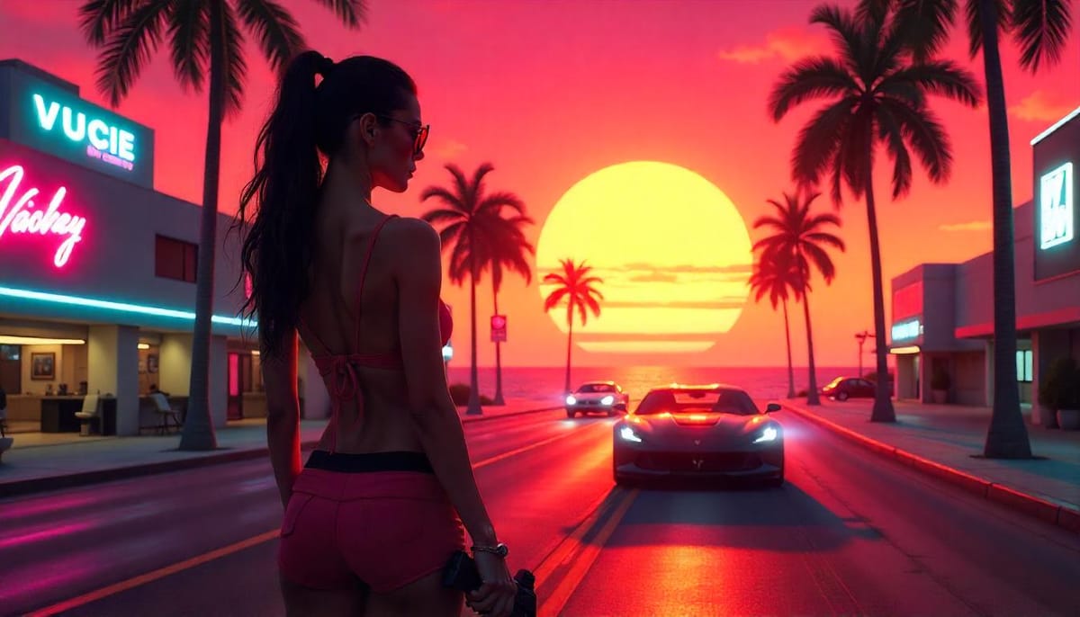 Vice City in Grand Theft Auto GTA 6, neon streets with Lucia and a speeding car.