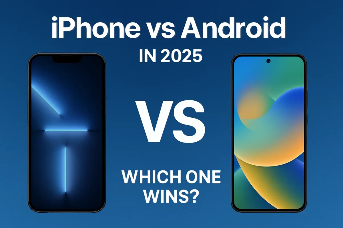 iPhone vs Android smartphones in 2025 comparison with bold VS text in the center.