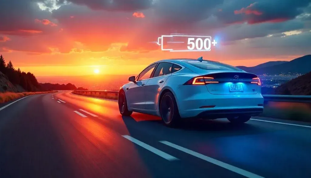 Electric vehicle with longer-range EV batteries driving on a highway at sunset.