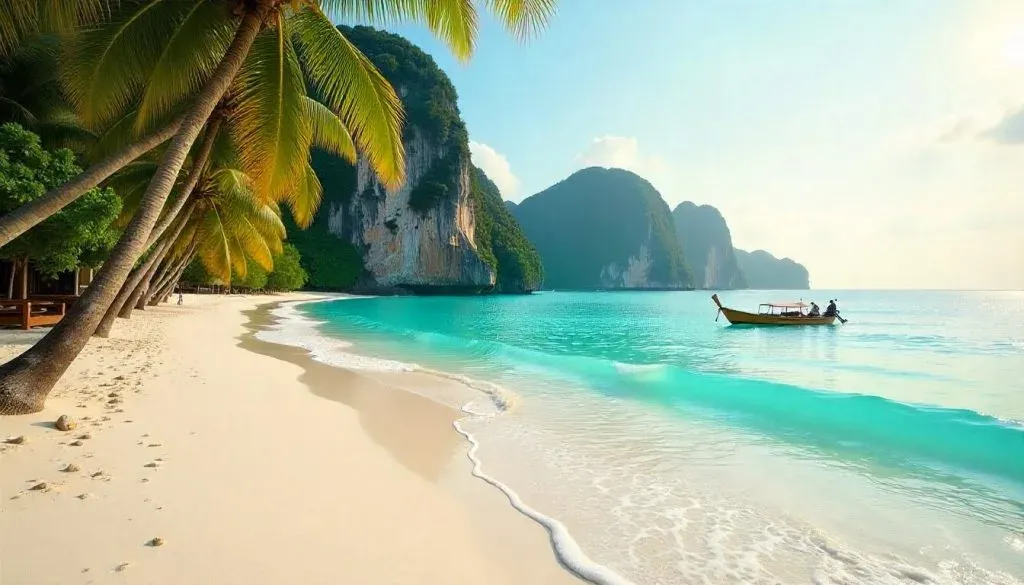 Tropical beach in Asia with palm trees, turquoise water, and a traditional boat
