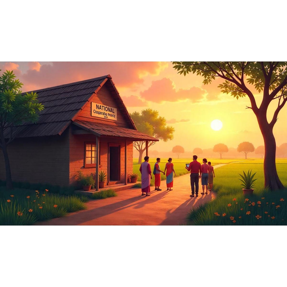 Rural Indian village with cooperative society office, showcasing National Cooperative Policy and PACS expansion.