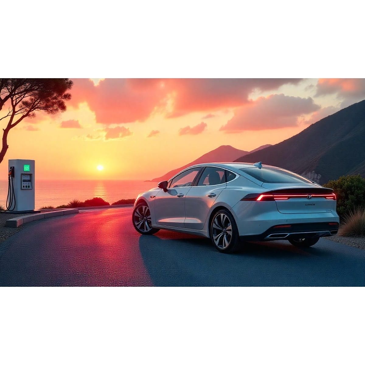 Top 10 fuel-efficient cars parked on a coastal road, showcasing the most fuel-efficient cars ever made.