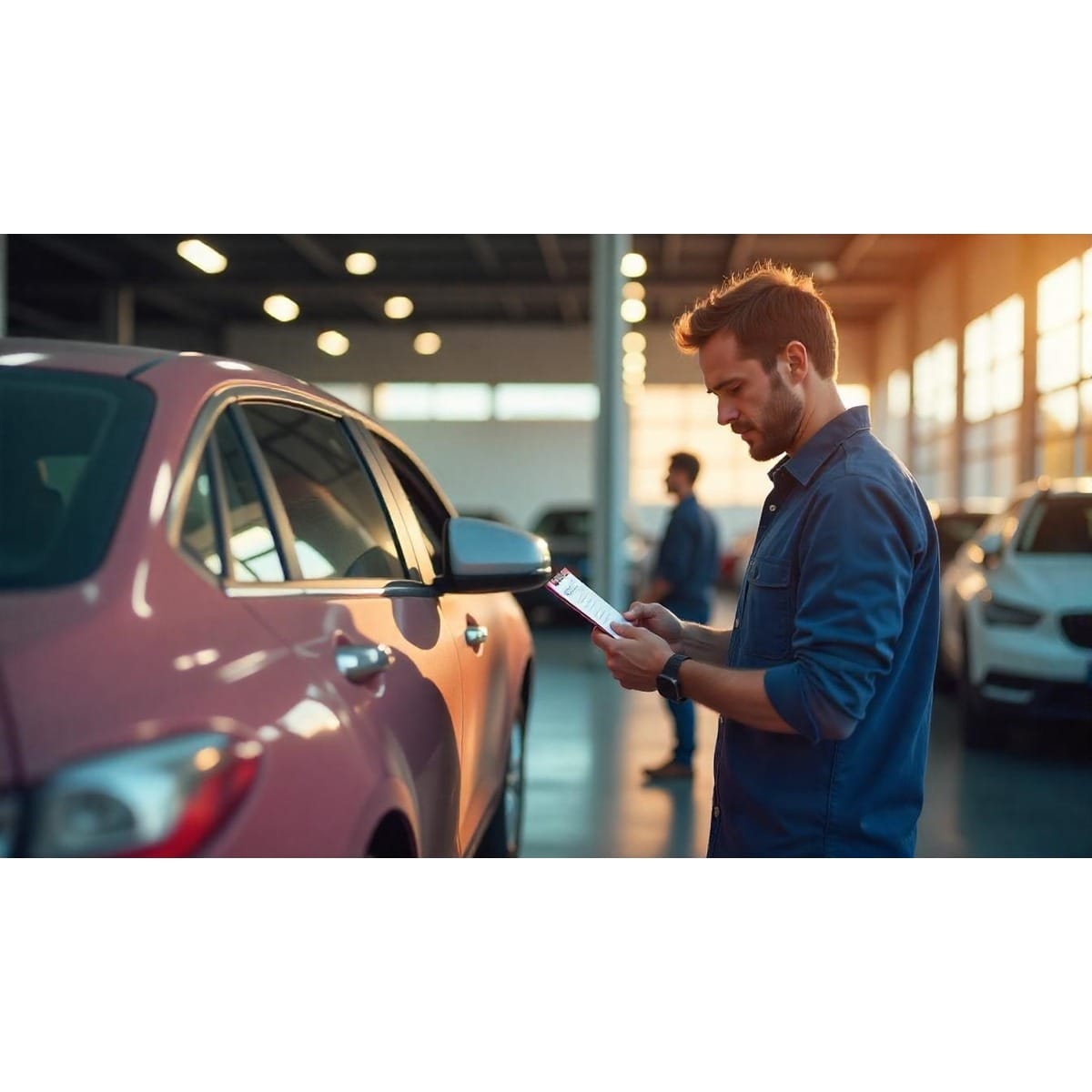 Buyer using a used car buying guide for beginners to check a vehicle’s exterior at a dealership.