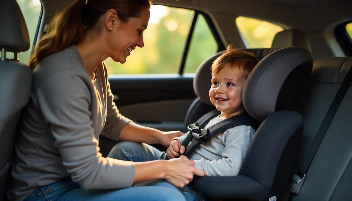 Parent buckling toddler into a car seat, showcasing a guide to picking the right car seat for newborns and toddlers.