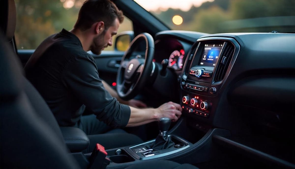 Car interior with upgraded sound system, showing beginner installing speaker for affordable audio quality.