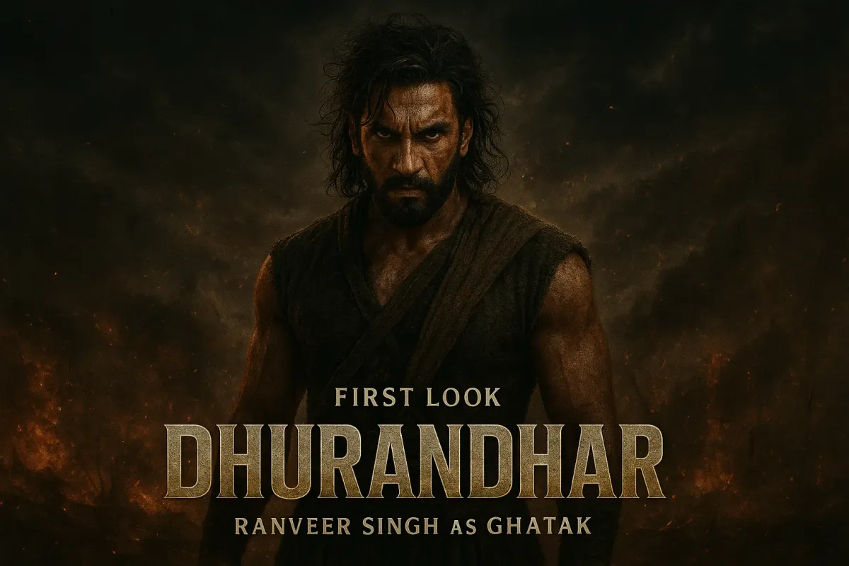 Ranveer Singh in an intense pose with the text "Ghayal Hoon Isliye Ghatak Hoon" overlaid, promoting his first look in Dhurand