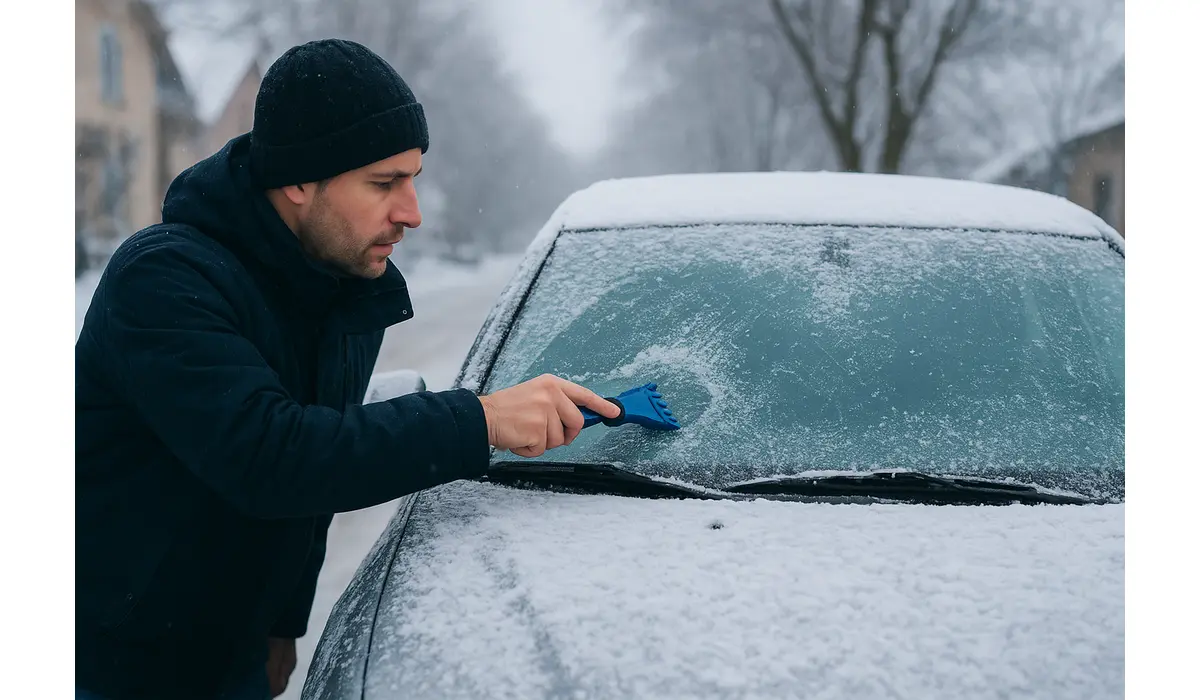 Man scraping ice from a Winterize Your Car windshield on a snowy winter morning.
