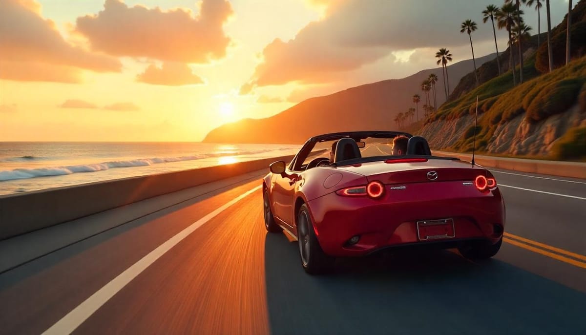 Mazda MX-5 Miata, one of the best convertible cars for summer road trips, cruising along a coastal highway.
