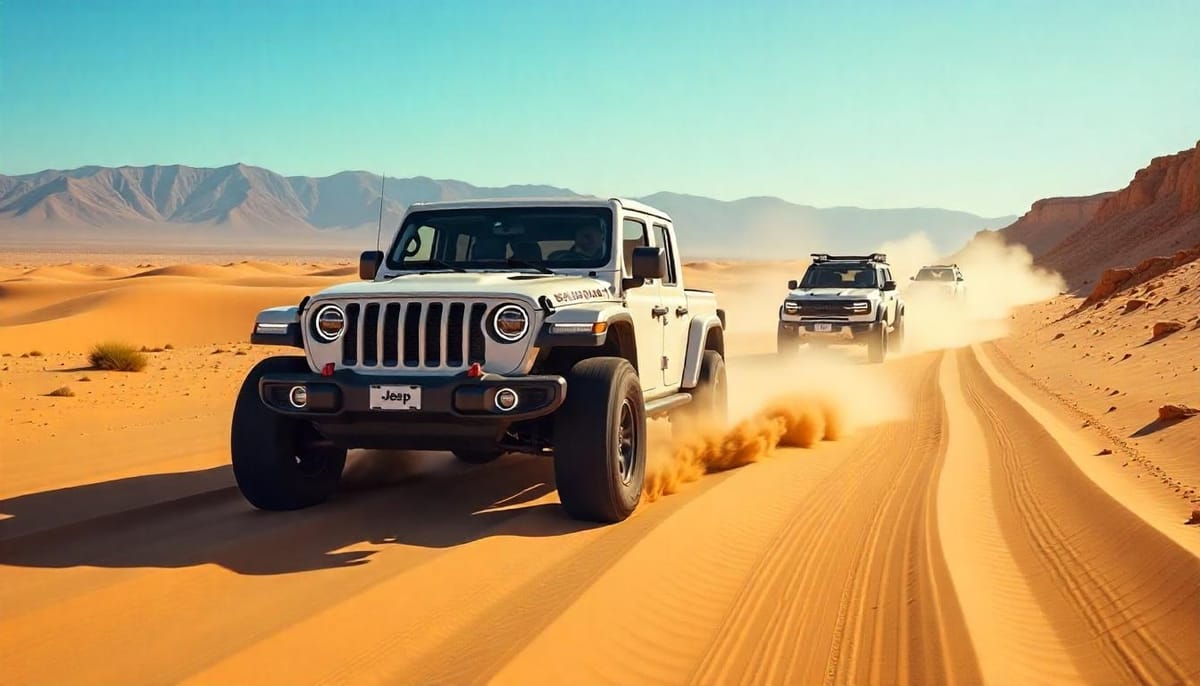Jeep Wrangler Rubicon and Ford Bronco Raptor, top-rated SUVs for off-road adventures in 2025, driving through desert dunes.