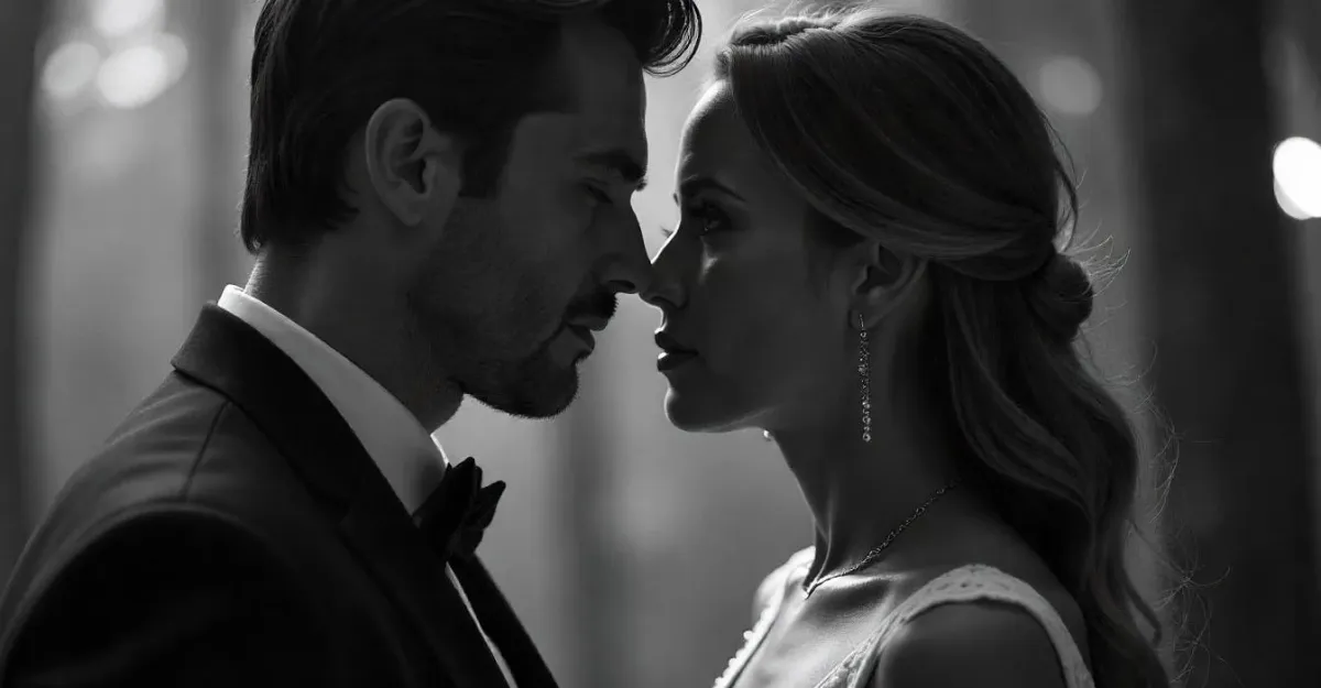 A black-and-white photo of a couple in formal attire gazing at each other closely, with a softly blurred background.