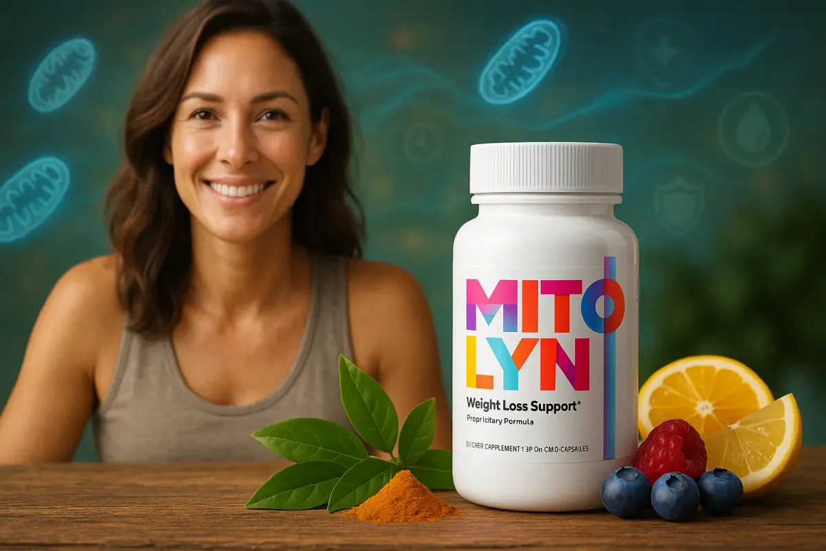 Mitolyn bottle on rustic table with green tea, turmeric, berries, citrus, and science visuals.