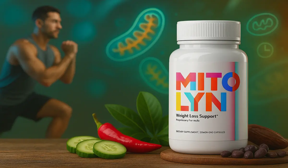 Mitolyn supplement bottle with chilli, berries, cacao, and cucumber slices