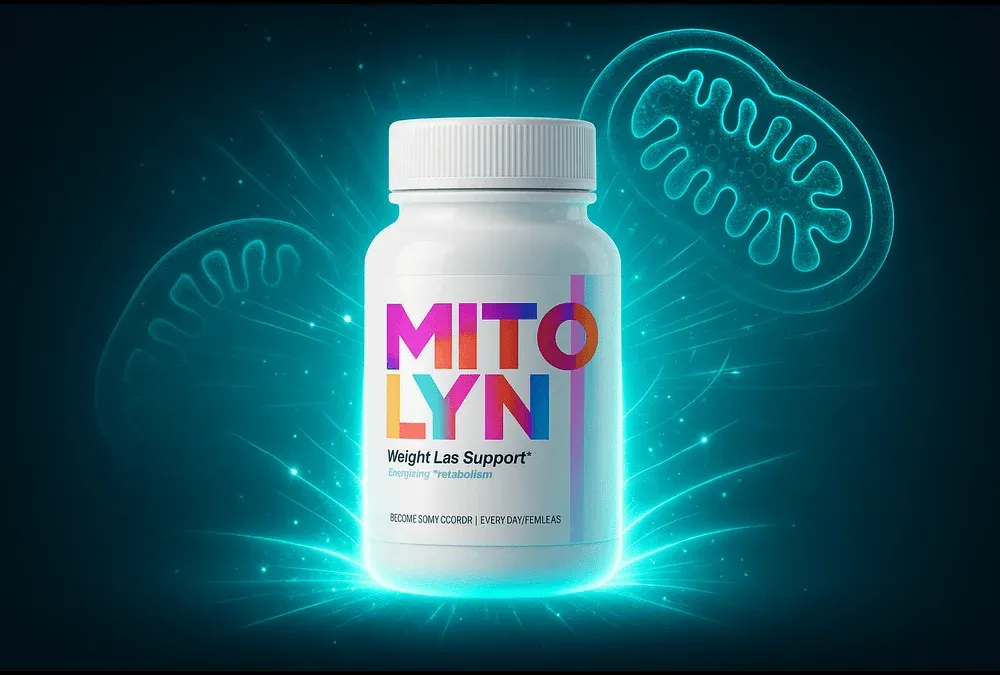 Mitolyn supplement bottle glowing with mitochondria energy sparks for metabolism and fat burning.