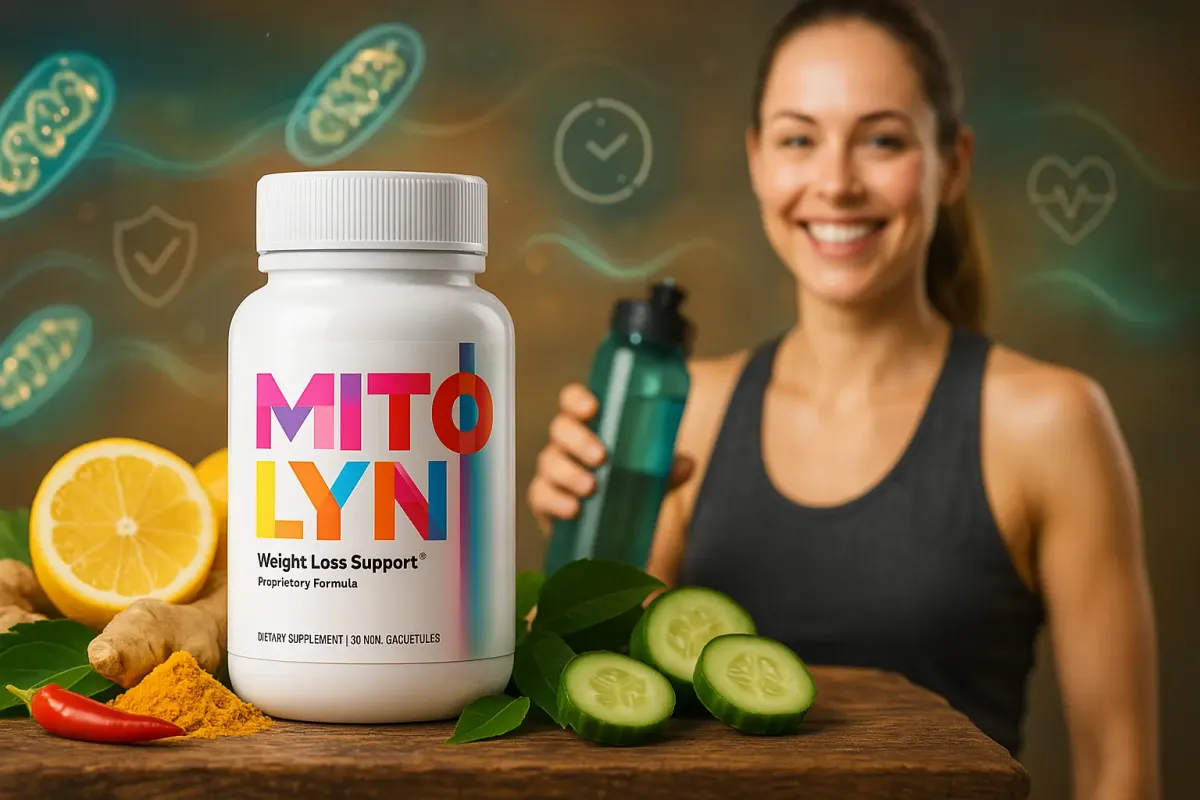 Mitolyn supplement bottle with natural herbs and healthy woman showing proven results