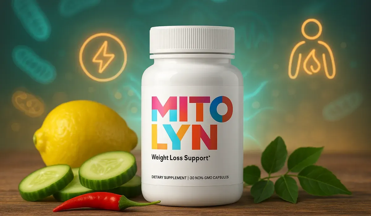 Mitolyn supplement bottle with energy and fat loss icons glowing in background