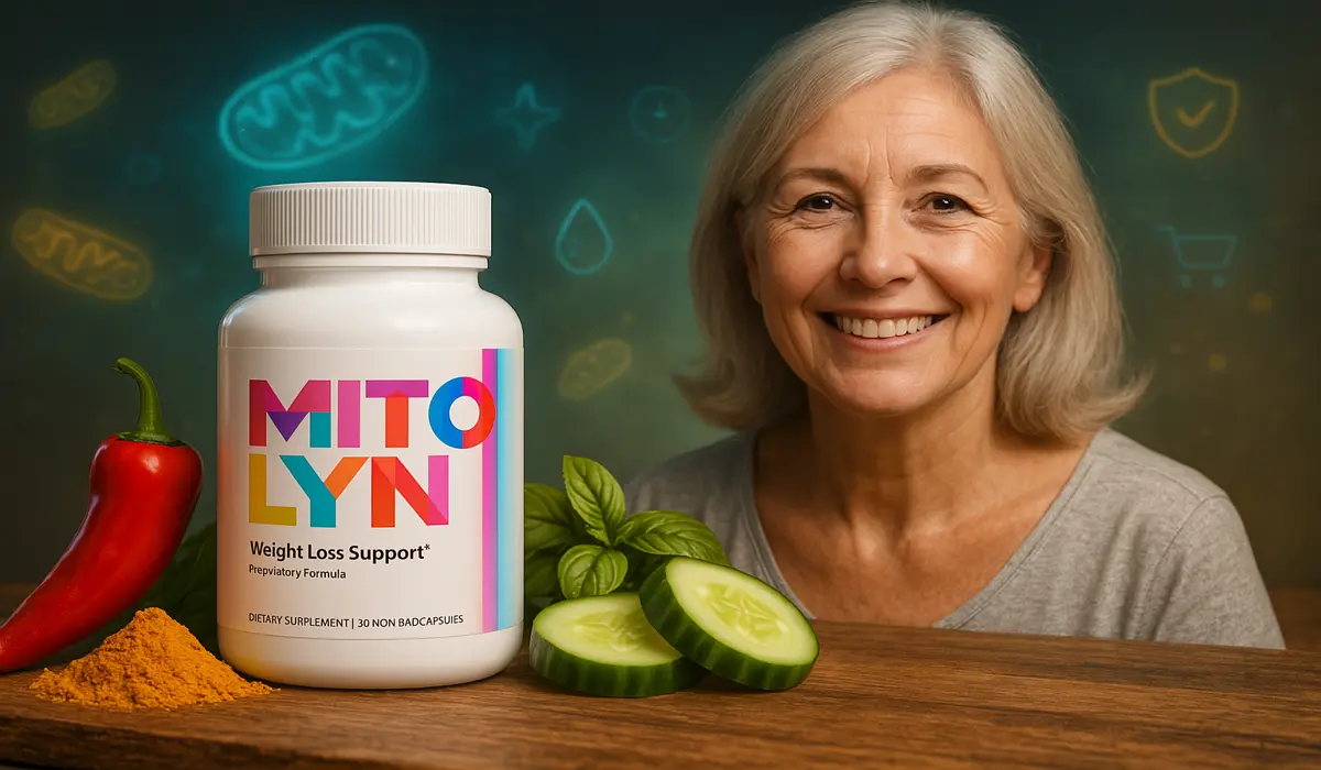 Mitolyn supplement bottle with chili, turmeric, cucumber and smiling older woman