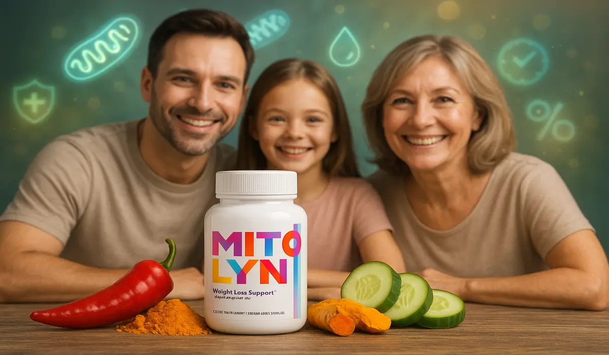Mitolyn supplement bottle with chili, turmeric, cucumber and smiling family in background