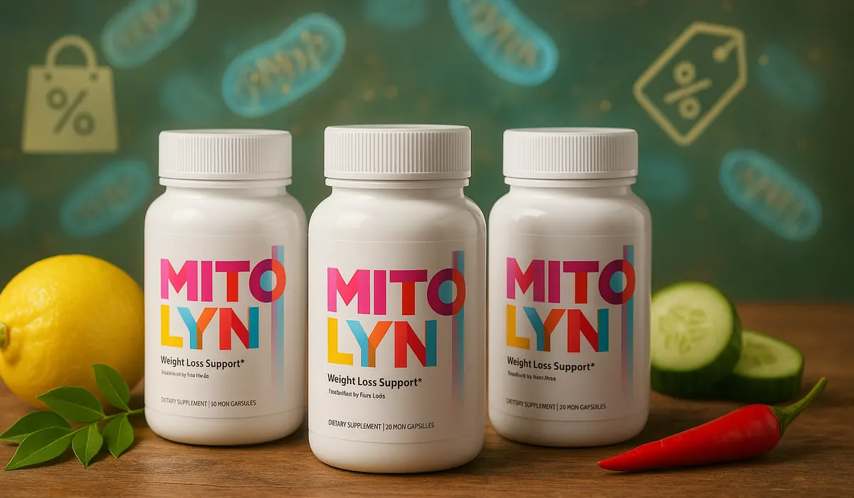 Three Mitolyn supplement bottles with natural ingredients and discount icons