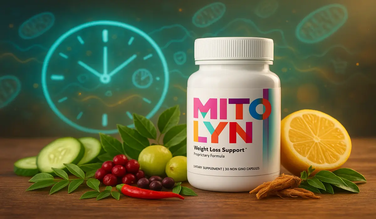 Mitolyn supplement bottle with natural ingredients and clock showing results timeline