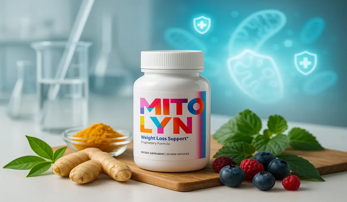 Mitolyn weight loss supplement bottle with turmeric, ginger, and berries on wooden surface, clinical lab background with glow