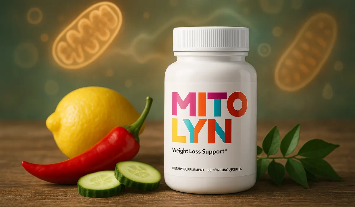 Mitolyn supplement bottle with natural ingredients and icons for women’s wellness over 40