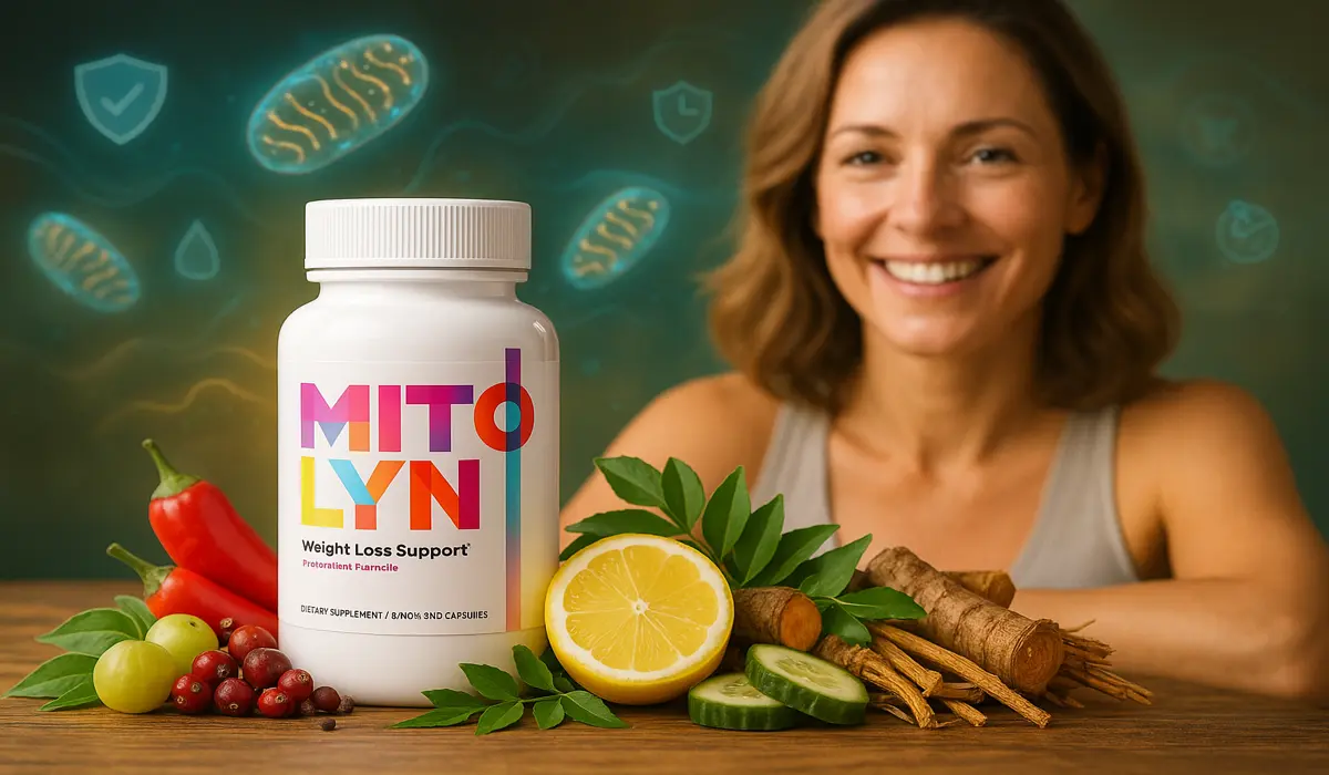 Mitolyn supplement bottle with fresh ingredients and healthy woman symbolizing safe usage in 2025