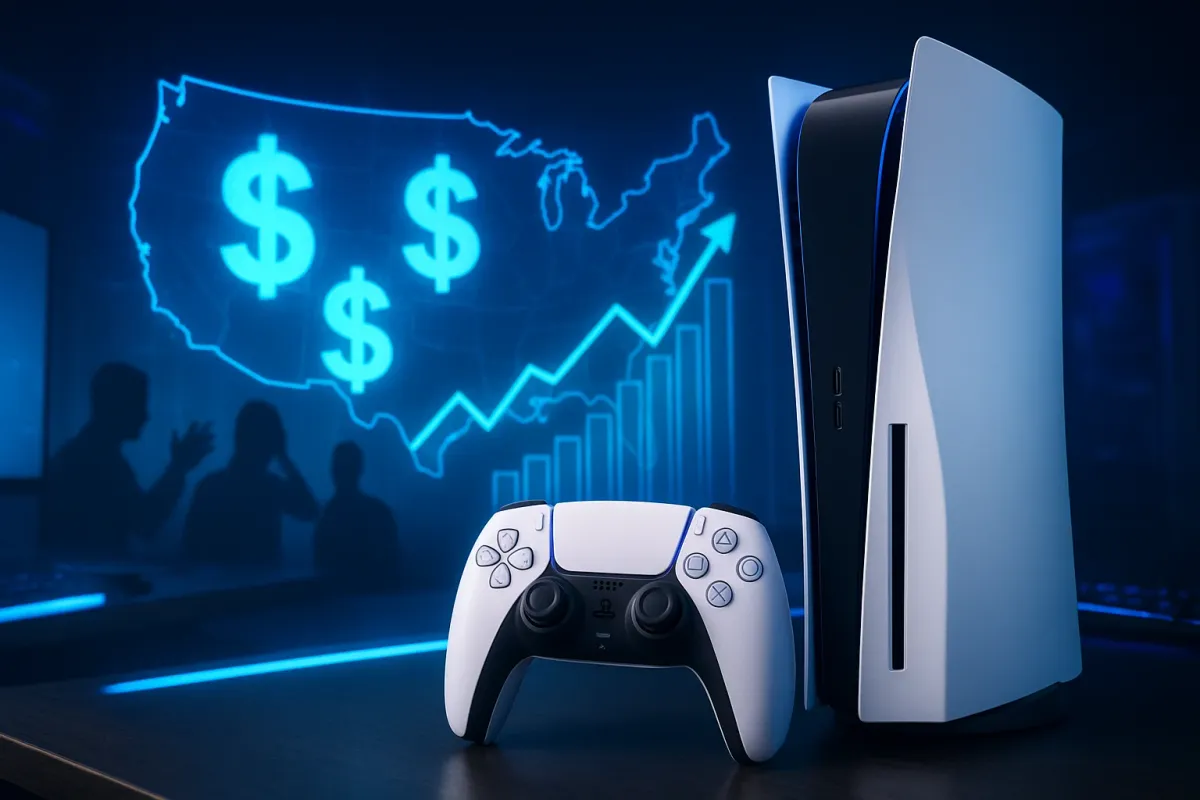 Sony PlayStation 5 console with controller and rising percentage symbol showing price increase.