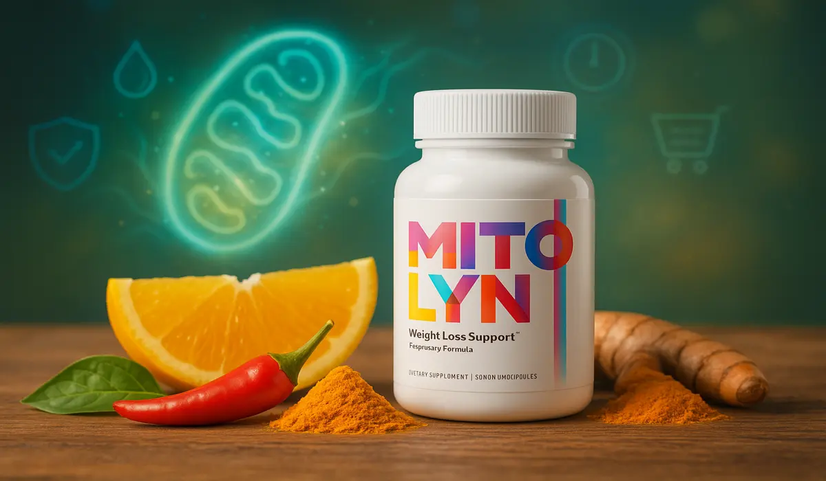 Mitolyn supplement bottle with chili, turmeric, and citrus on wooden table