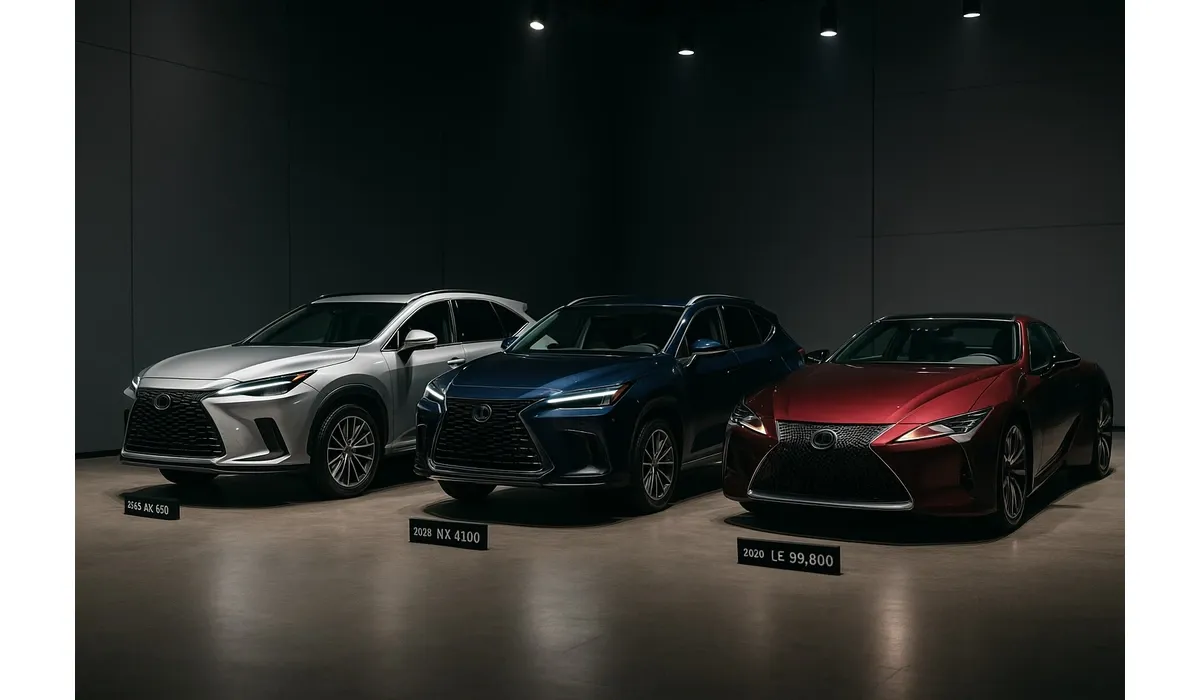 2026 Lexus price lineup showroom with visible price tags.