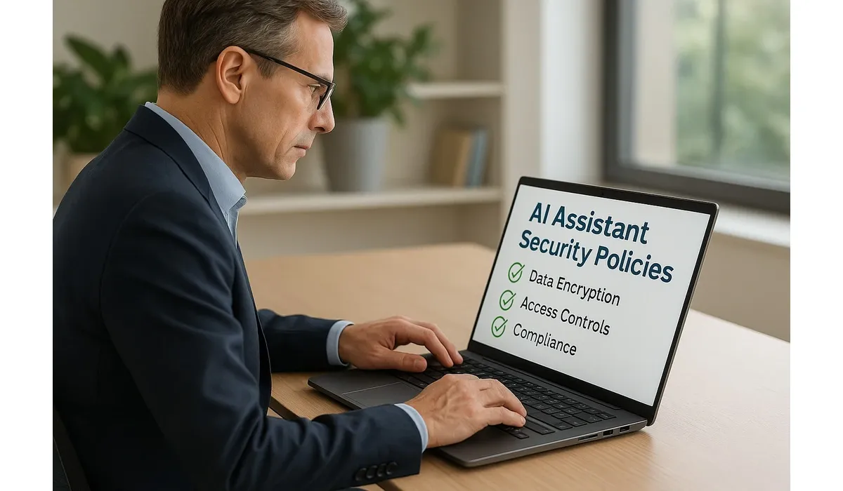Business team using AI assistants sensitive company data with data privacy alerts visible.