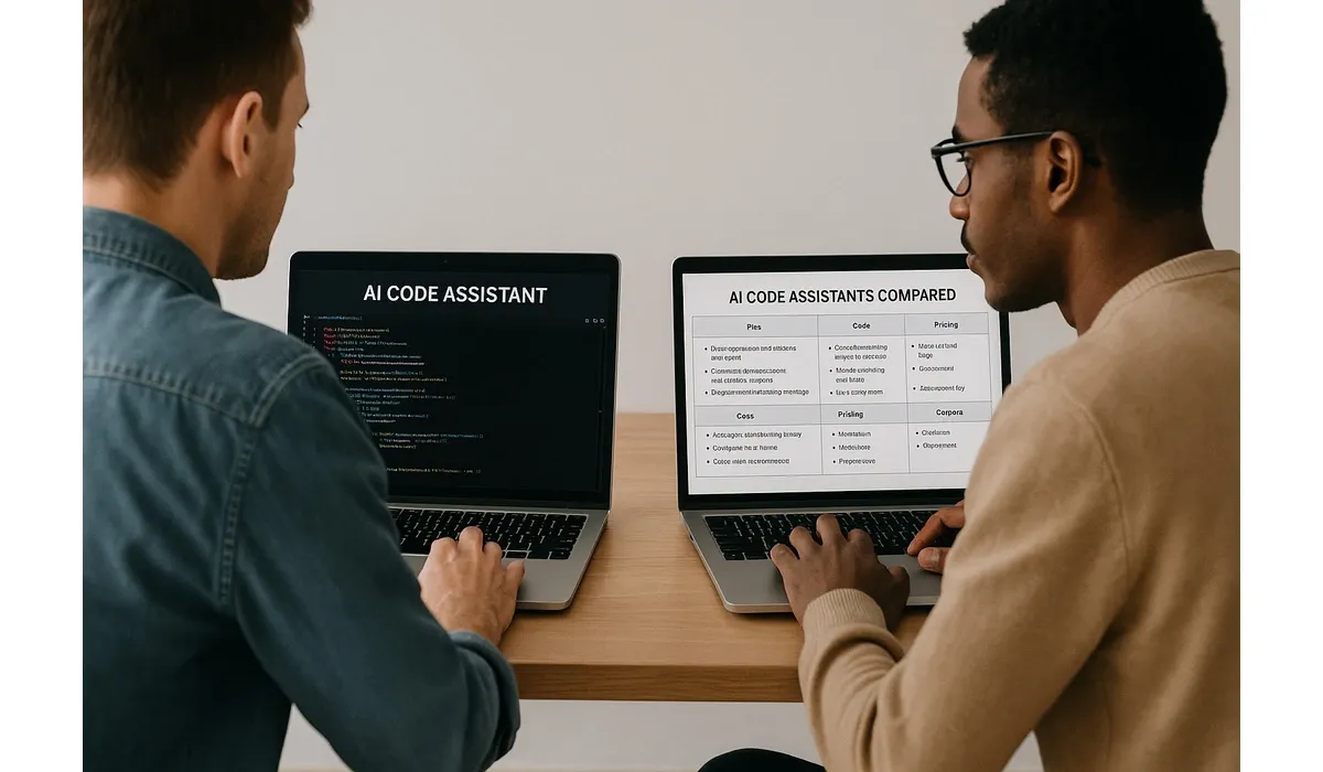 Developers using AI code assistants on laptops with side-by-side comparisons on screen