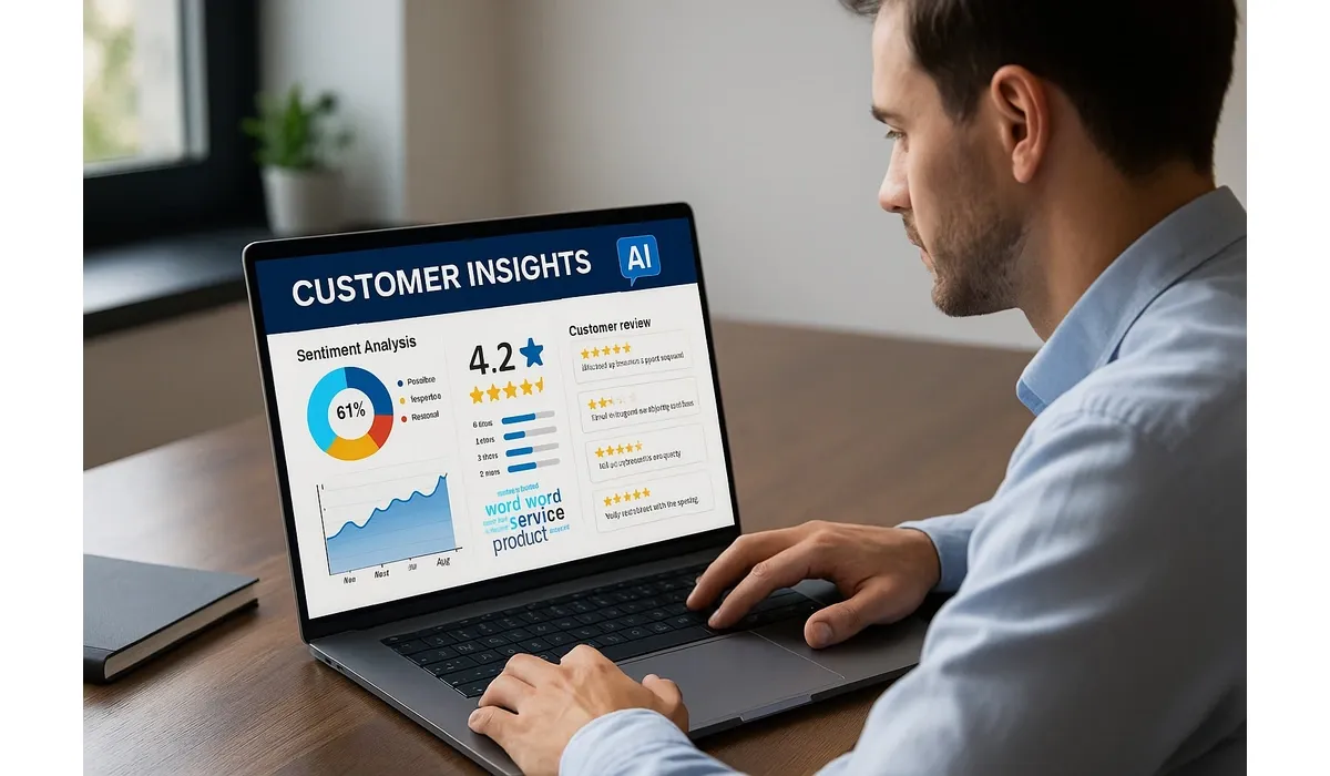 Business professional using AI tool for customer reviews