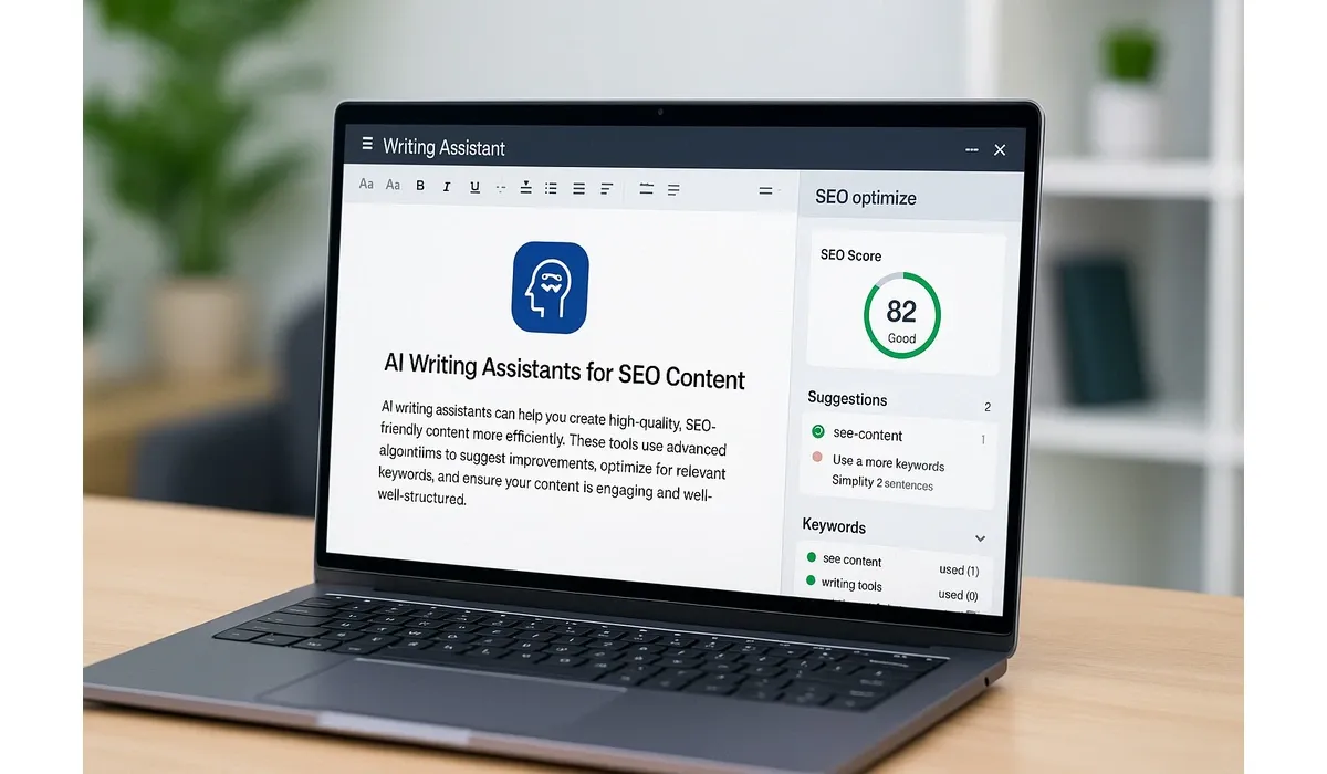 Laptop with AI writing software and SEO optimization analytics.