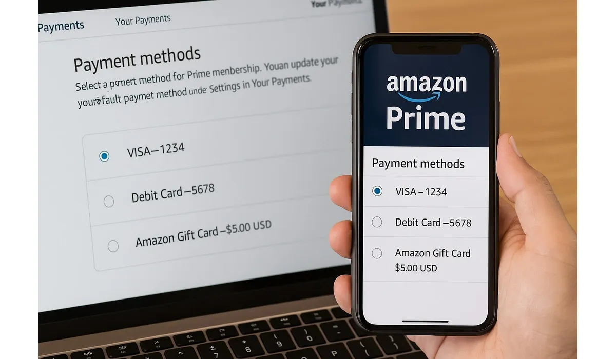 Amazon Prime payment update dashboard on laptop and phone.