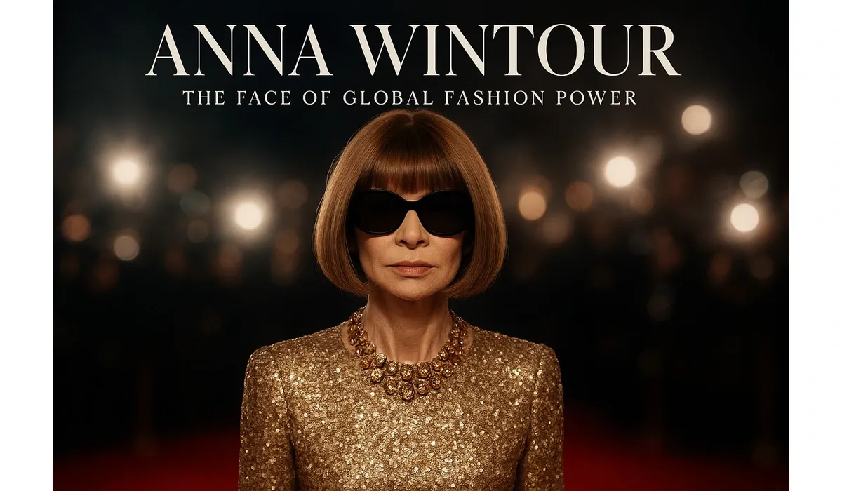 Anna Wintour wearing a gold sequin dress and statement necklace, posing with sunglasses on the red carpet.