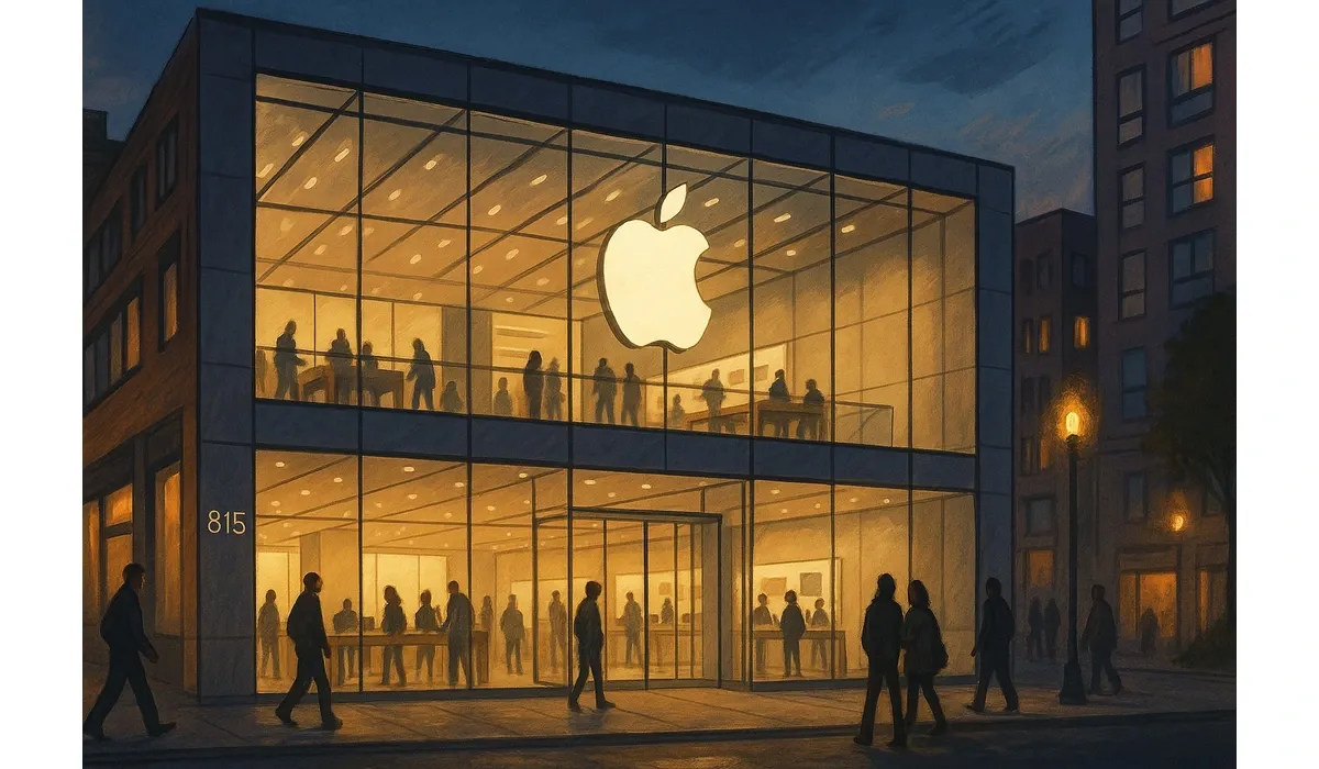Editorial illustration of Apple Store Boston at 815 Boylston Street with glowing glass façade and customers inside.