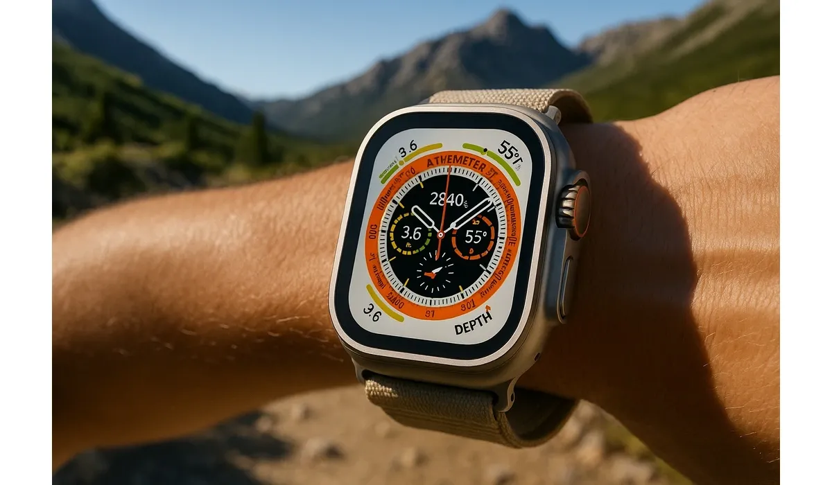 Apple Watch Ultra 3 Natural Titanium showing full display outdoors.