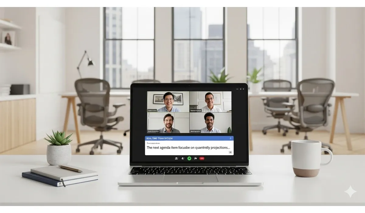 Laptop displaying live : best tools to auto transcribe meetings during an online meeting in a modern office.