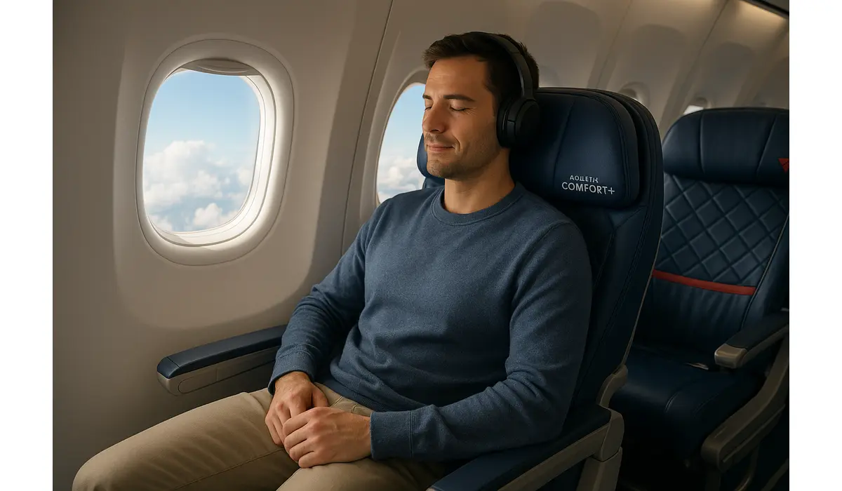 Passenger enjoying the best seat on Delta Airlines in Comfort+ with window view.