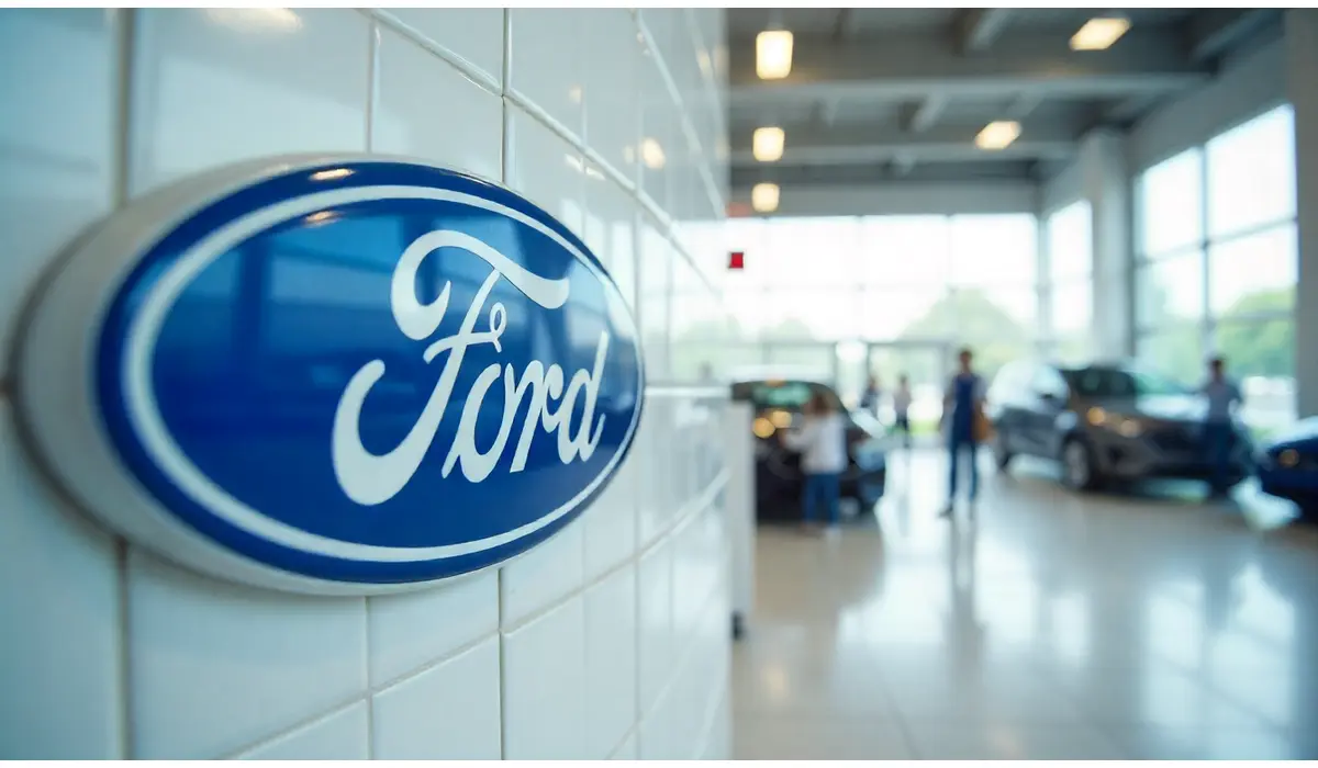 Ford motor layoffs news represented by the Ford company logo inside a dealership.