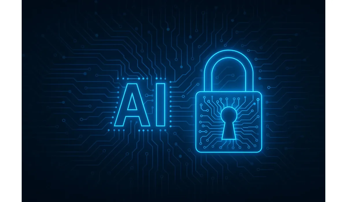 AI privacy risks concept with digital lock and circuit lines in background.