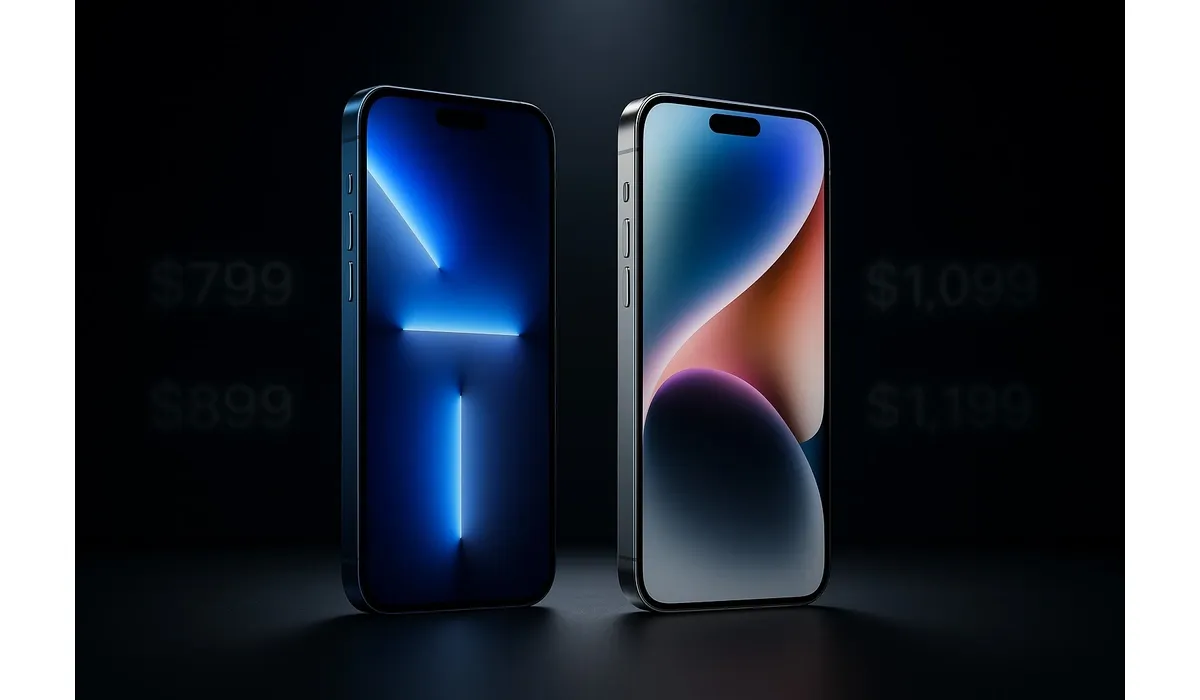 Ultra-realistic render of iPhone 17 and iPhone 17 Pro Prices on Apple event stage with spotlight and glowing price tags.