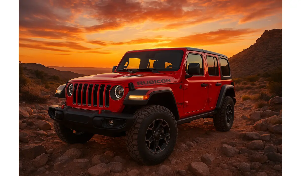 Jeep 4x4 price Wrangler Rubicon on rocky trail.