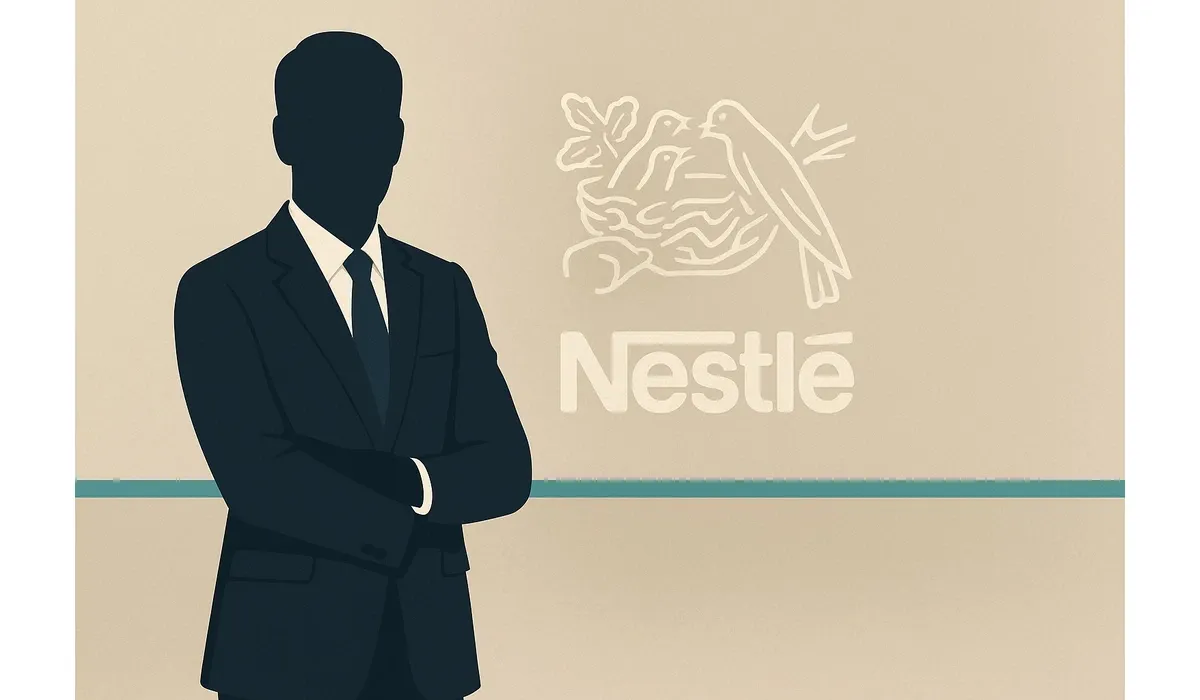 Stylized corporate illustration of Nestlé CEO Laurent Freixe in a navy suit with Nestlé logo.