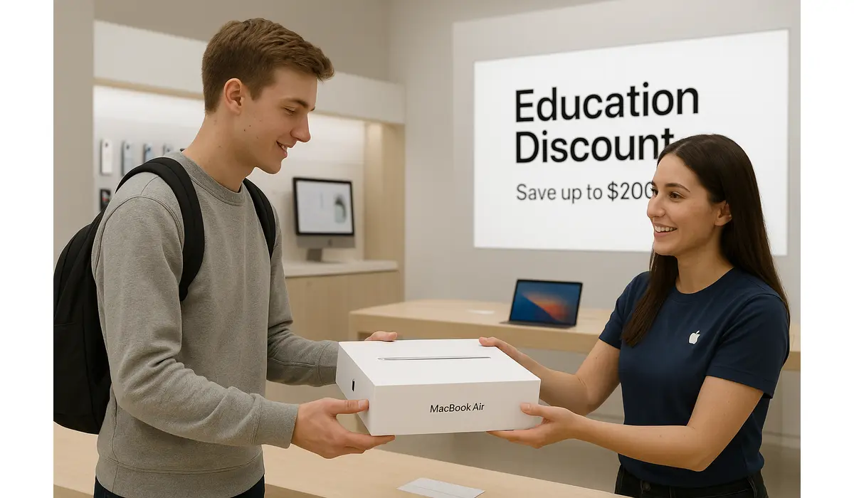 Student buying MacBook Air with Education Apple Store Student Discount.