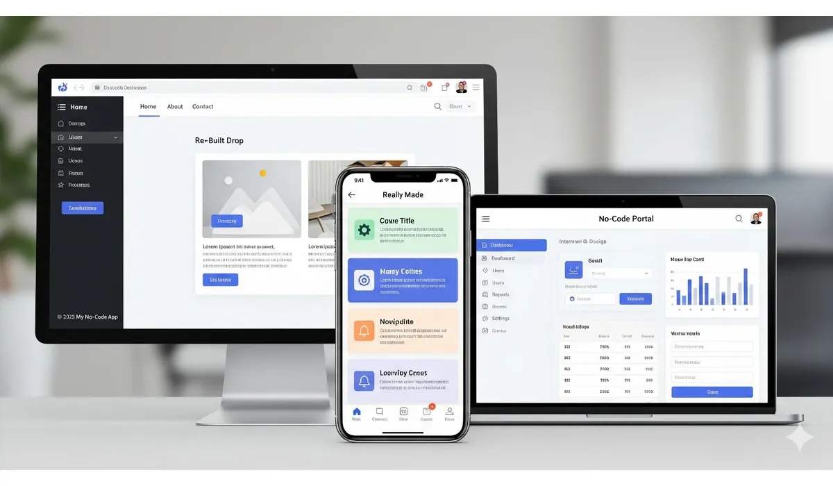 Web app, mobile app, and portal interface examples created with no-code tools.