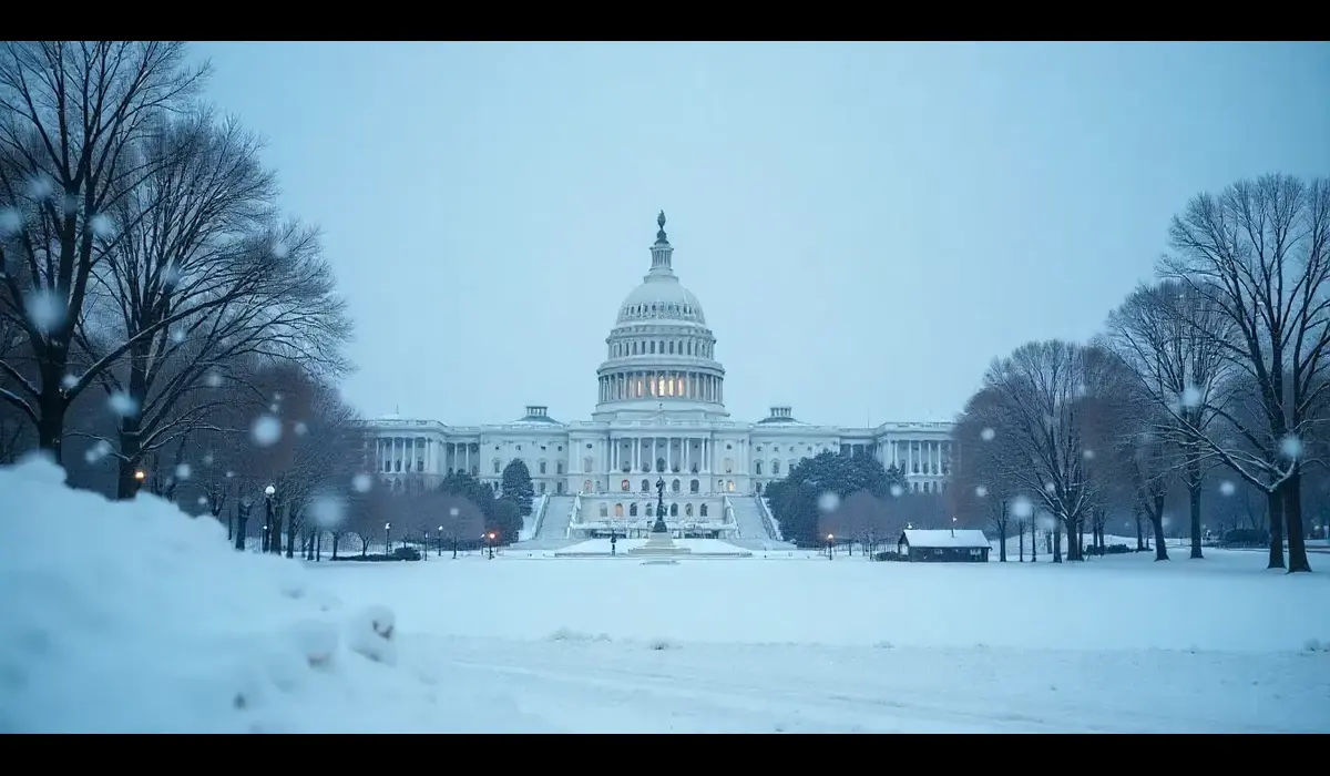 U.S. Capitol building covered in snow during winter, symbolizing a government shutdown and funding crisis.
