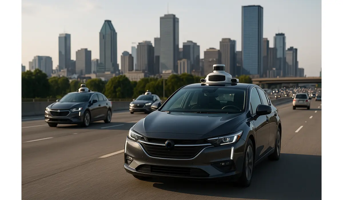 AI and Self-Driving Cars in USA on highway using smart sensors.