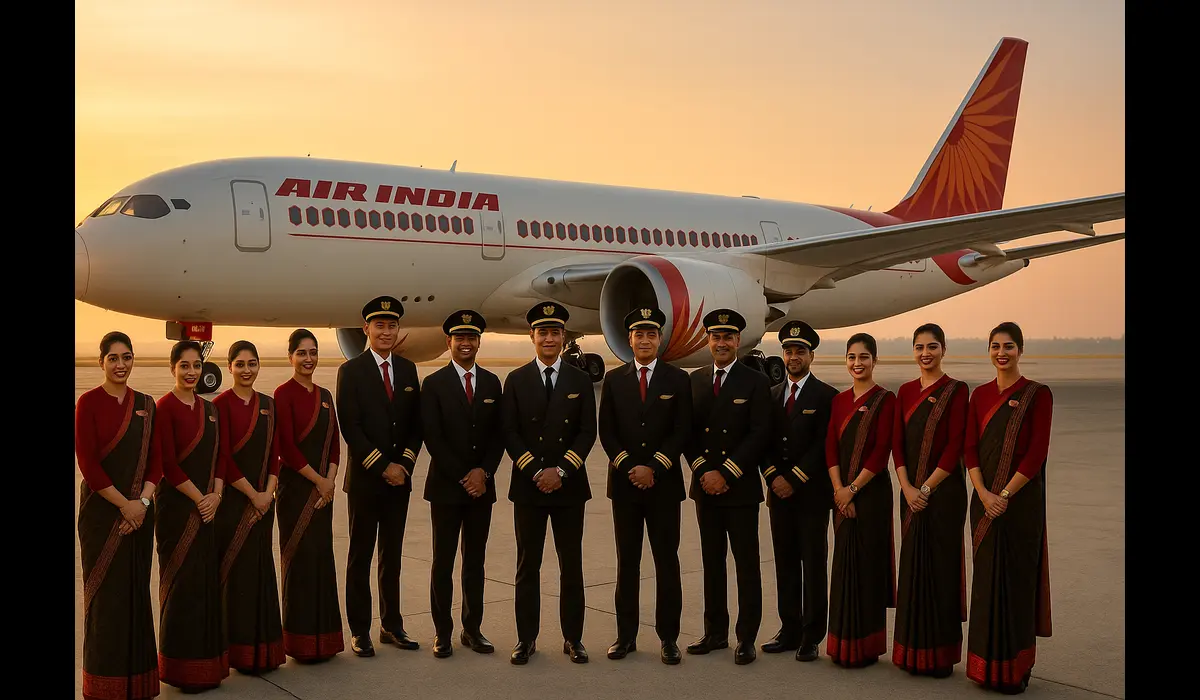 Air India’s new uniforms showcased by cabin crew and pilots on runway.