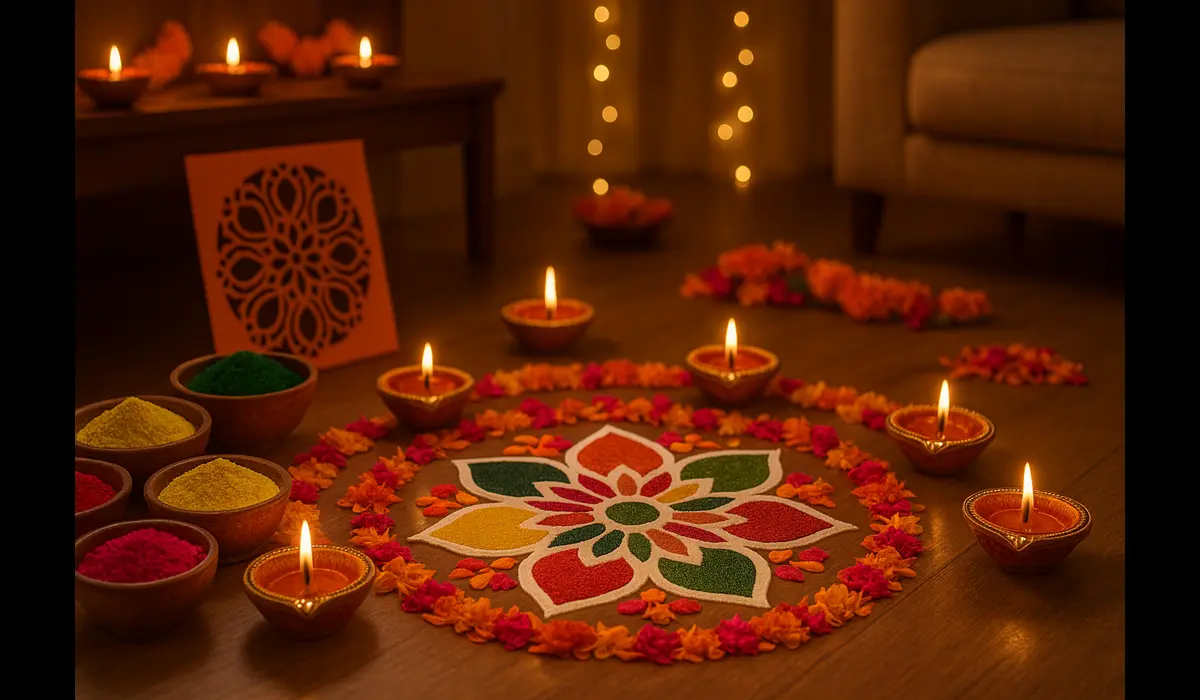 Amazon’s top-selling Diwali Rangoli kits with diyas featuring colorful powders and decorative lamps.